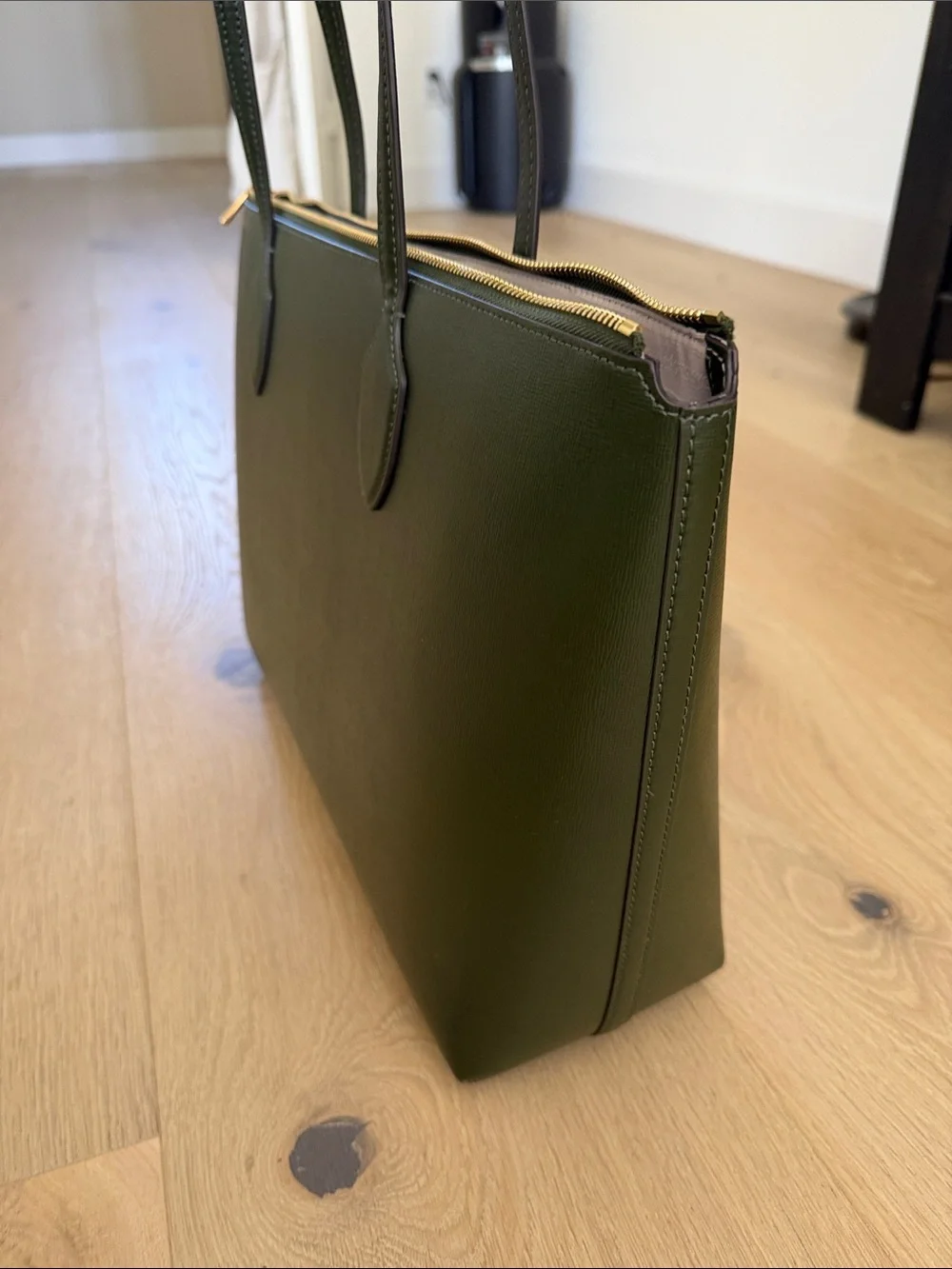 kate spade olive green Saffiano leather tote with gold logo